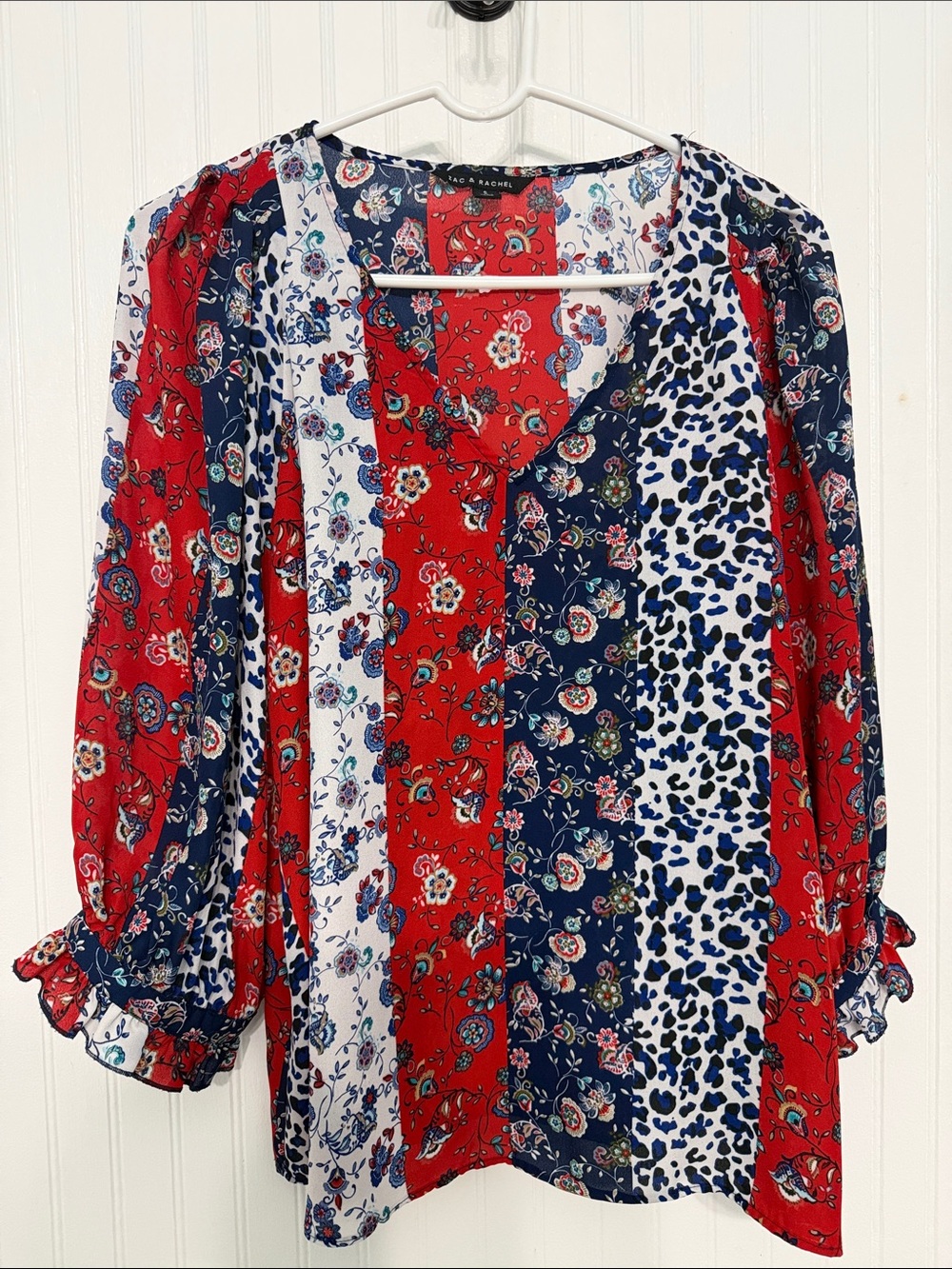 Zac & Rachel Patriotic🇺🇸 Patchwork V-Neck Blouse 3/4Slv RuffleCuff LikeNew